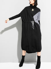 High Neck Knit Color Block Drawstring Midi Dress