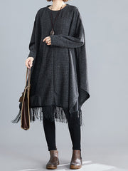 Round Neck Stitching Tassel Slim Midi Dress