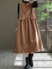 Round Neck Solid Loose Corduroy Midi Dress