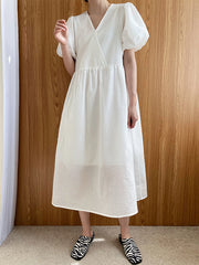 Loose V-Neck Puff Sleeves Simple Maxi Dress