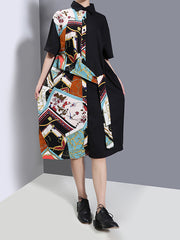 Short Sleeves Contrast Color Printed Midi Dress
