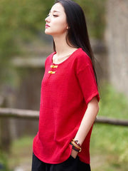 Red&Blue Chinoiserie Frog Round-neck Ramie Cotton T-shirt