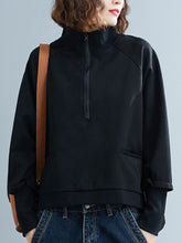 Mock Neck Zipper Black Solid Sweatshirt