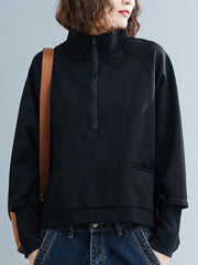 Mock Neck Zipper Black Solid Sweatshirt