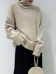 Women High Neck Loose Solid Color Sweater