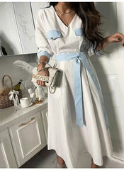 Retro Lace-Up Long-Sleeve V-Neck Midi Dress