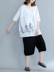 Loose Short Sleeves Printed Plant T-Shirt