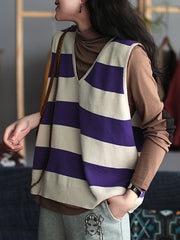 Women Retro V-Neck Striped Knitted Vest