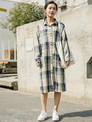 Autumn Plaid Long Sleeves Lapel Linen Blouse Dress