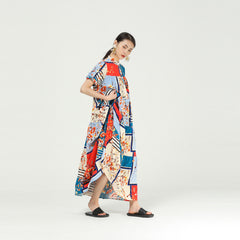 Women Retro Round Neck Print Color Block Floral Dress