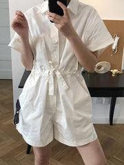 Vintage Simple Tooling Solid Wide Leg Shortts Rompers