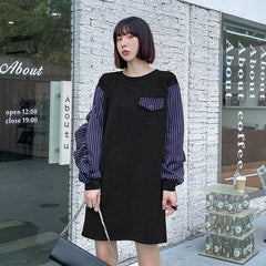 Loose Stitching Striped Ruffled Sleeve T-Shirt Dress
