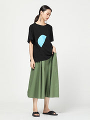 Vintage Blue Semicircle Print Round-Neck T-Shirt