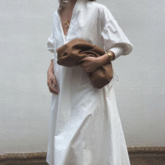 V-Neck Solid Color Half Sleeves Midi Dress