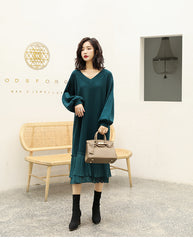 Women Stitching V-Neck Loose Knit Dress