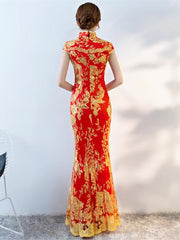 Red Lace Embroidered Mermaid Cheongsam Evening Dress