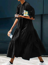 Solid Color Pleated Stand Collar Half Puff Sleeves Midi Dress