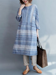 Blue Striped Linen Loose Long Dress