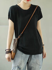 Solid Knitting Stripes Round-Neck T-Shirt