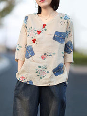 Loose Printed Thin Oblique Neckline Shirt Tops