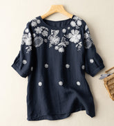 Embroidered Loose Round Neck Short Sleeve T-Shirt Top