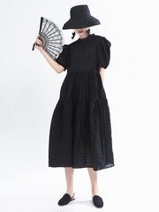 Vintage Puff Sleeve Textured Solid Midi Dress