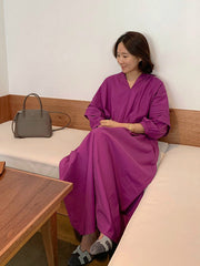 Solid Color Pleated Half-Open Collar Maxi Dress