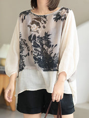 Round Neck Split-Joint Jacquard Casual Blouse