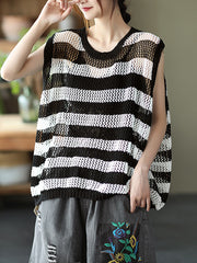 Vintage Hollow Striped Loose Pullover Vest