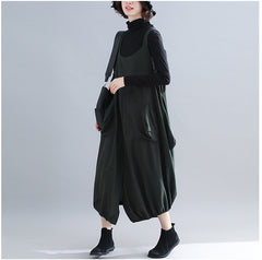 Retro Literary Suspenders Big Pocket Wide Leg Culottes Pants