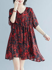 Loose Floral V-Neck Falbala Dress