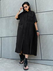 Original Roomy Pure Color Pleated Shirt Dress Midi Dress