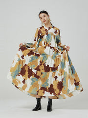 Retro Tie-Dyed Printed Long Sleeve Maxi Dress