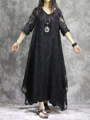 Black False-two Hollowed Pure Maxi Dress
