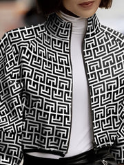 Loose Puff Sleeves Printed Stand Collar Outerwear