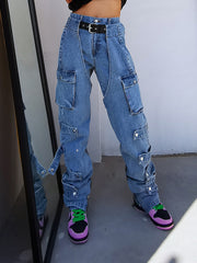 Women Big Pocket Denim Casual Pants