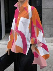 High-Low Long Sleeves Contrast Color Printed Split-Joint Split-Side Lapel Blouses
