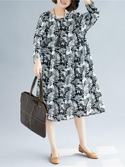 Loose Chiffon Plants Print Round-neck Long Dress+Black Jumper Skirt