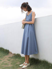 Solid Color Sleeveless A-Line V-Neck Dress
