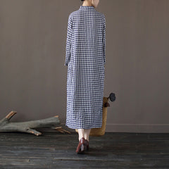 Retro Plaid Stand Collar Cheongsam Midi Dress
