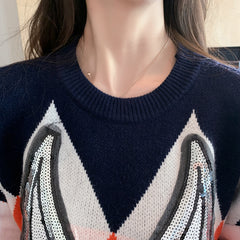 Sequined Cartoon Printed Round-Neck Sweater