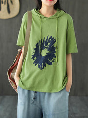 Loose Linen Print Hood Sweatshirt