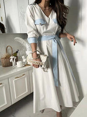 Retro Lace-Up Long-Sleeve V-Neck Midi Dress