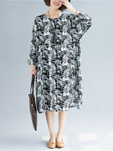Loose Chiffon Plants Print Round-neck Long Dress+Black Jumper Skirt