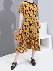 Loose Print Lace-Up V-Neck Dress