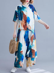 Printed Loose Cropped Hemline T-Shirt And Pants Suits