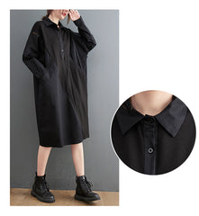 Solid Color Stitching Long-Sleeved Shirt Midi Dress