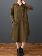 Women Big Pocket Solid Color Hooded Loose Dress