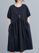 Fashion Solid Pleats Bishop Sleeve Dress