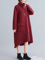 Retro Plaid High Neck Long Sleeve Midi Dress